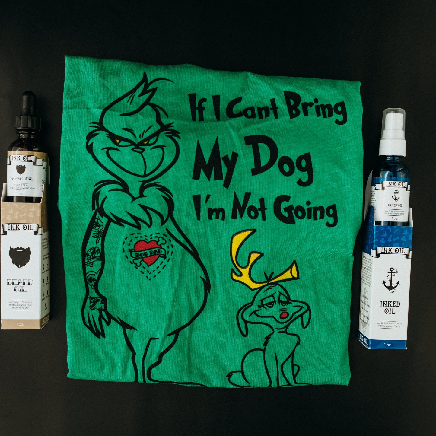 Grinched & Groomed Christmas Gift Set - Grinch T-Shirt All-Natural Beard Oil Tattoo Ink Oil for Him / Holiday Gift for Tattooed Bearded Guys