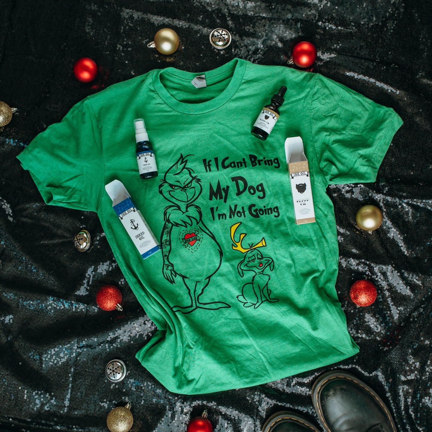 Grinched & Groomed Christmas Gift Set - Grinch T-Shirt All-Natural Beard Oil Tattoo Ink Oil for Him / Holiday Gift for Tattooed Bearded Guys