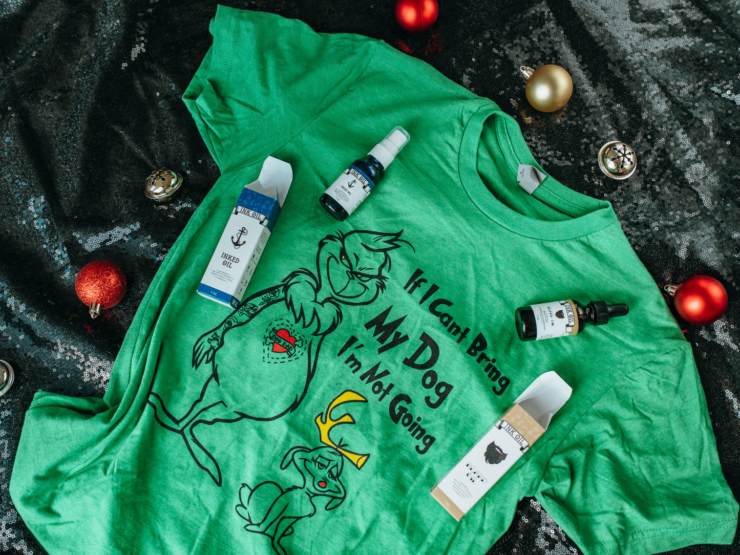 Grinched & Groomed Christmas Gift Set - Grinch T-Shirt All-Natural Beard Oil Tattoo Ink Oil for Him / Holiday Gift for Tattooed Bearded Guys
